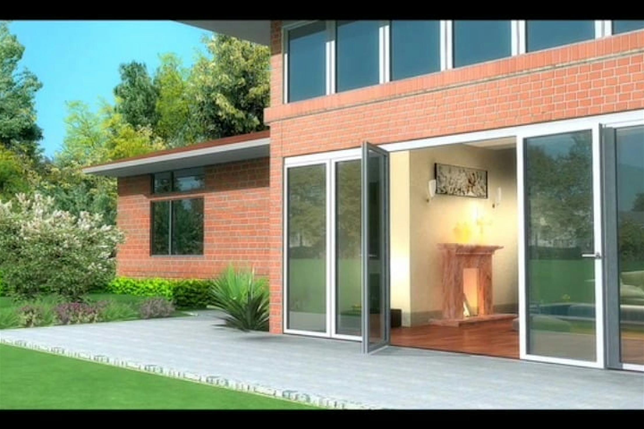 Modern brick house with large swing glass doors open to a patio; interior features a fireplace and sofa, with green lawn and trees outside.