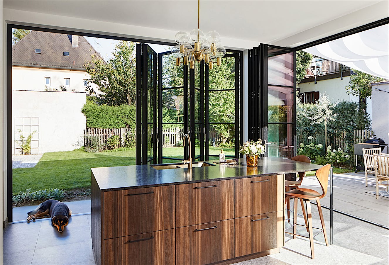 Residential folding patio doors with slimline steel effect