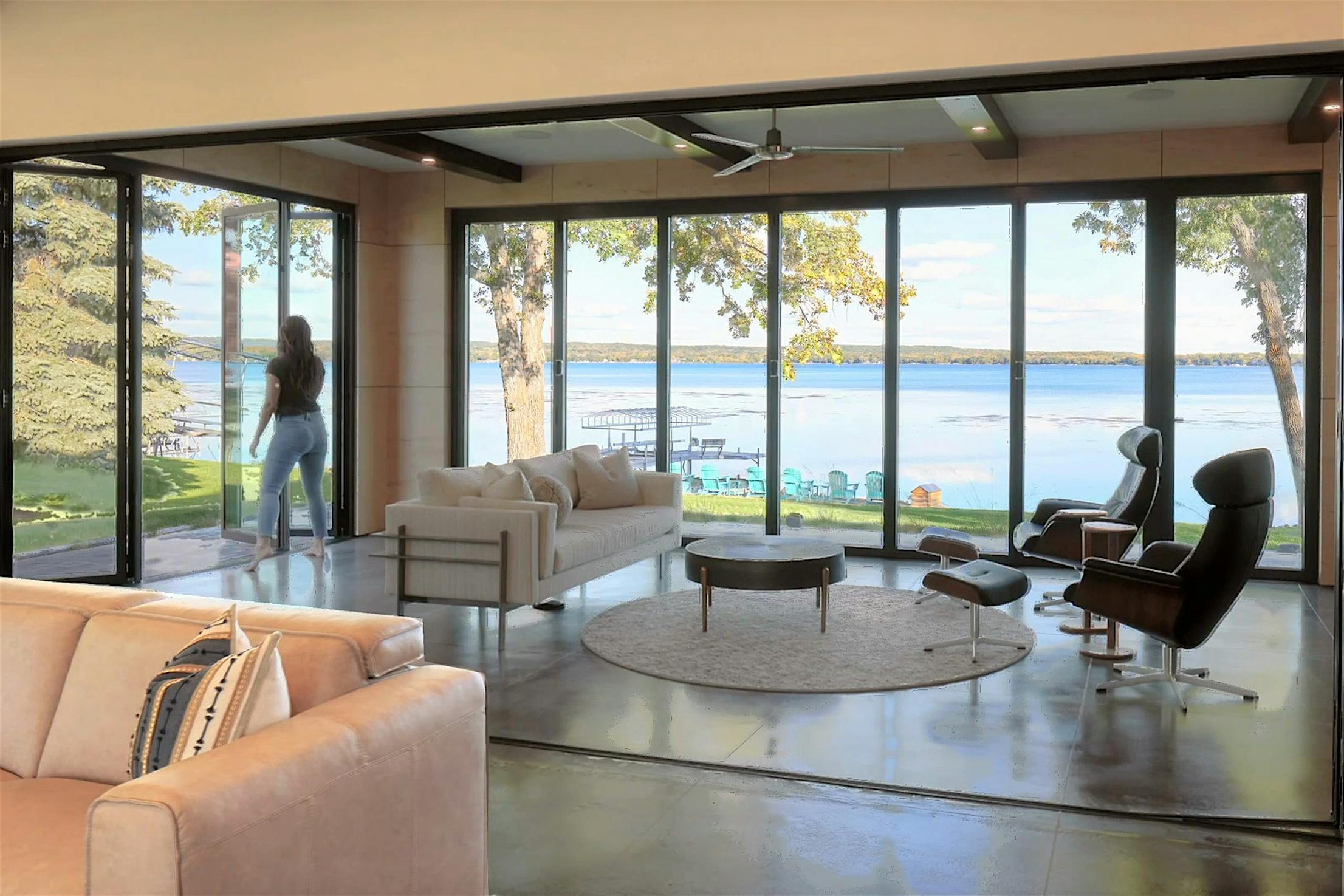 Lake-front residential interior with folding desk glass walls
