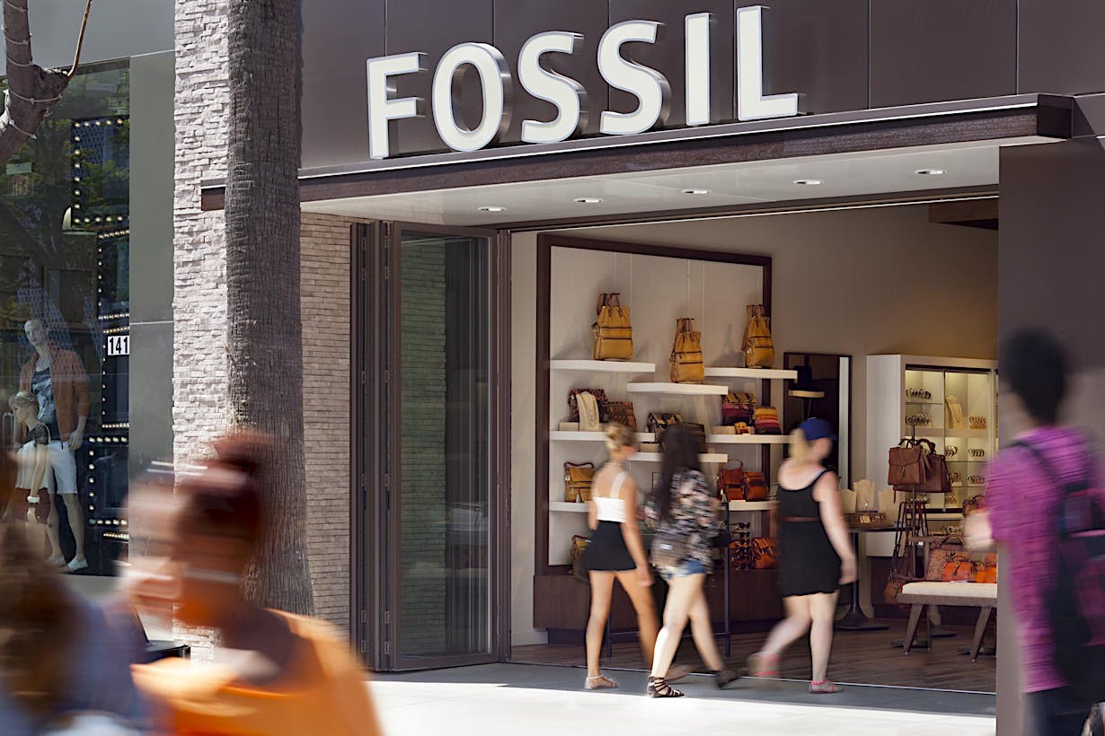 SL70 Retail Folding Entry Doors at the Fossil Store in Santa Monica, CA - Opened Exterior Day View