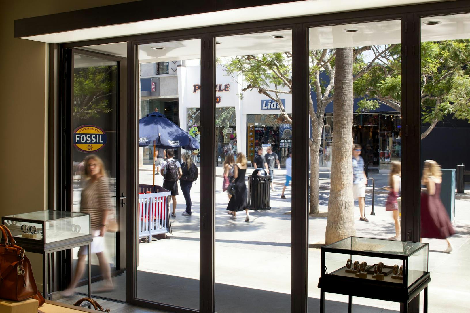 SL70 Retail Folding Entry Doors at the Fossil Store in Santa Monica, CA - Closed Interior Day View