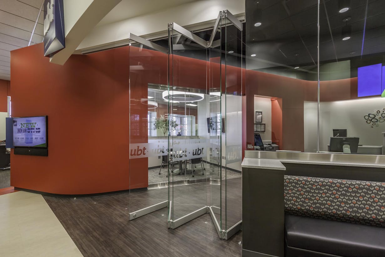 The reception area of a Union Bank with all glass partitions