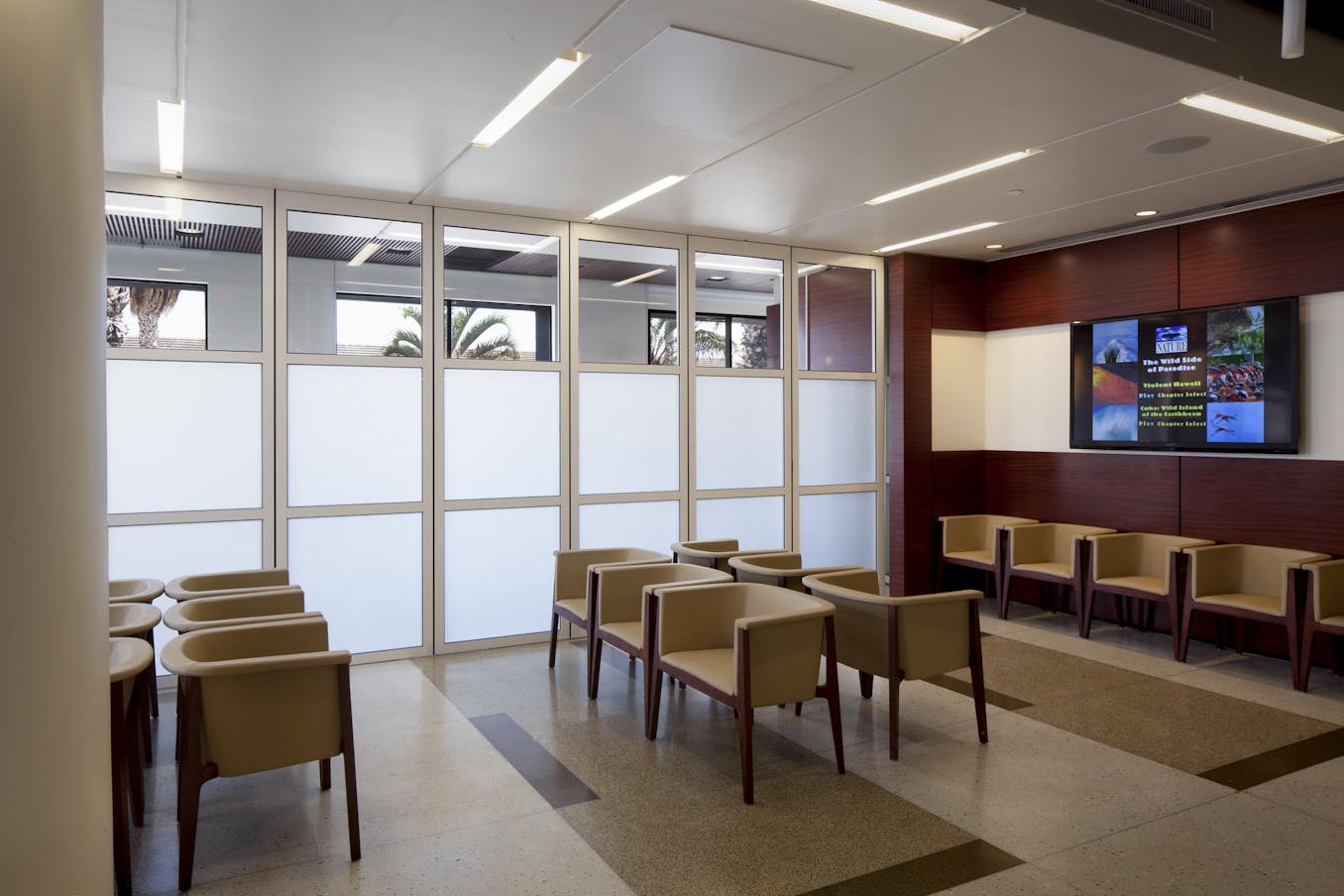 UCLA spine center waiting room with half frosted folding glass walls