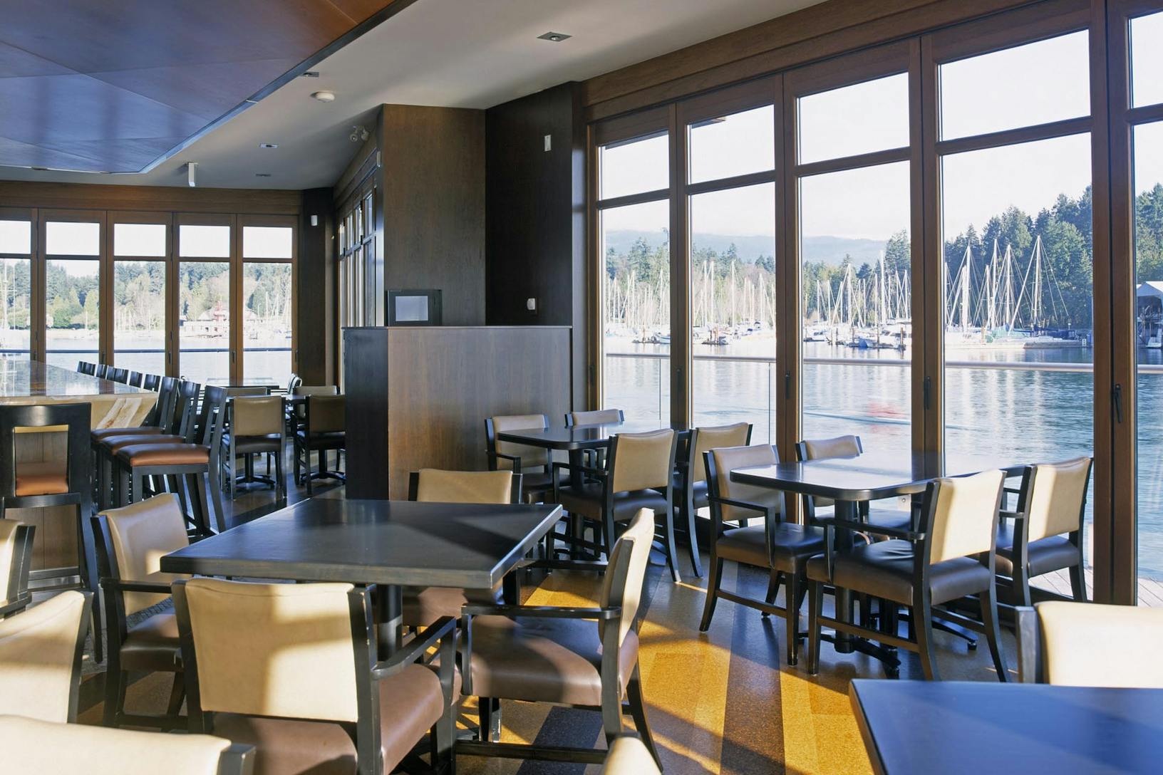 HSW66 Dock restaurant view-  Wood framed glass walls exterior 