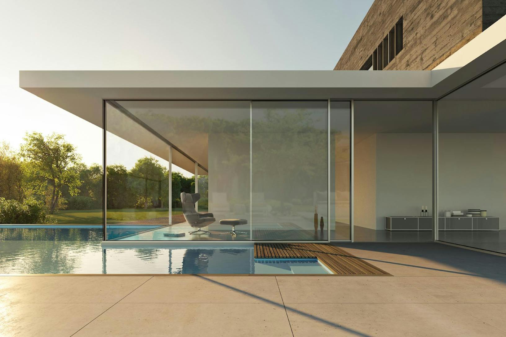 cero spa pool with minimal sliding glass walls - Opening exterior