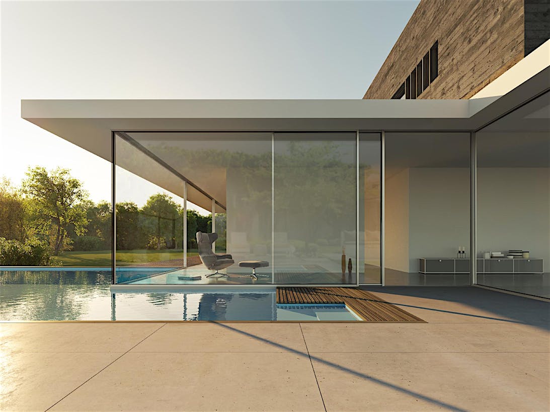 cero spa pool with minimal sliding glass walls - Opening exterior