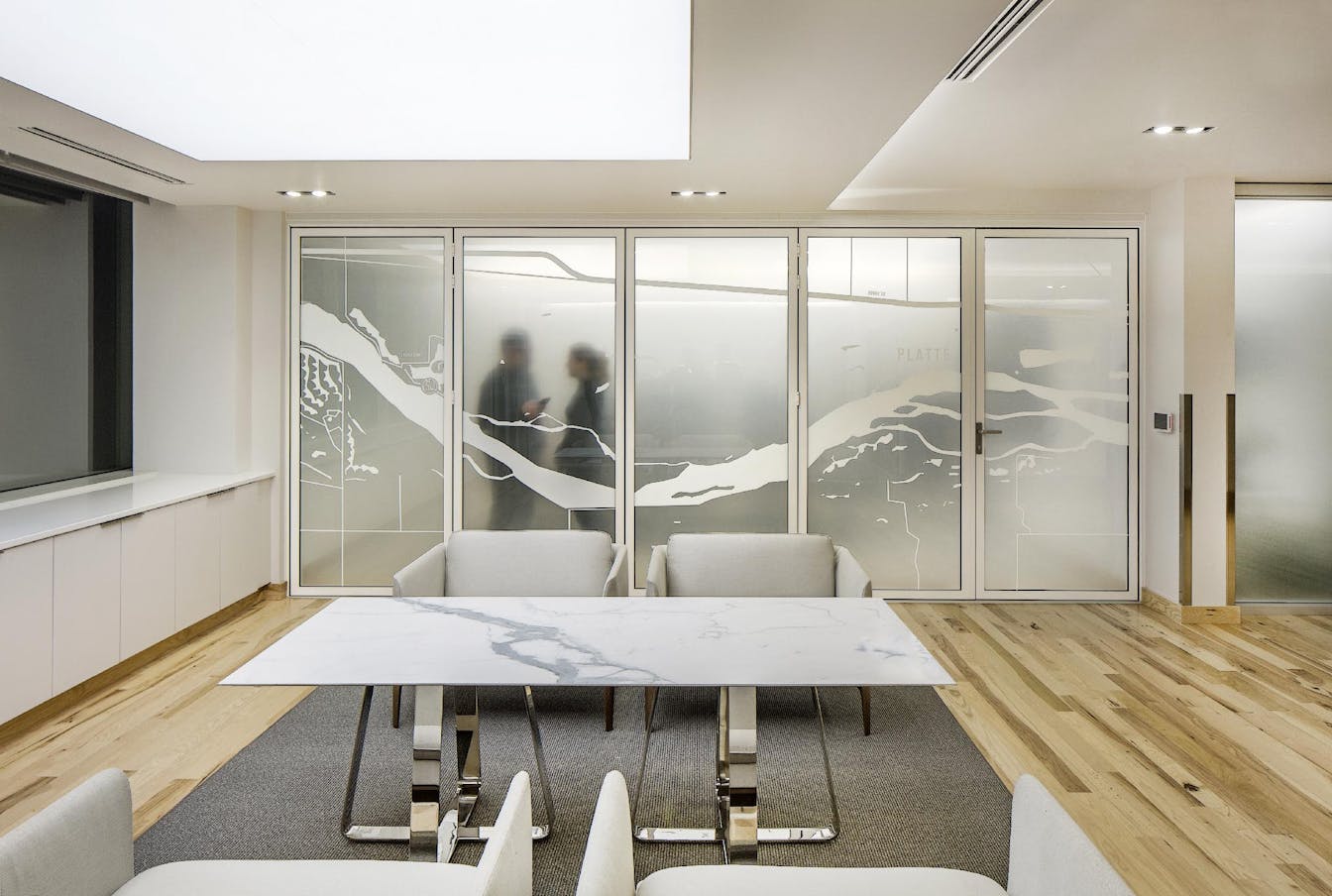 Law office with frosted glass walls