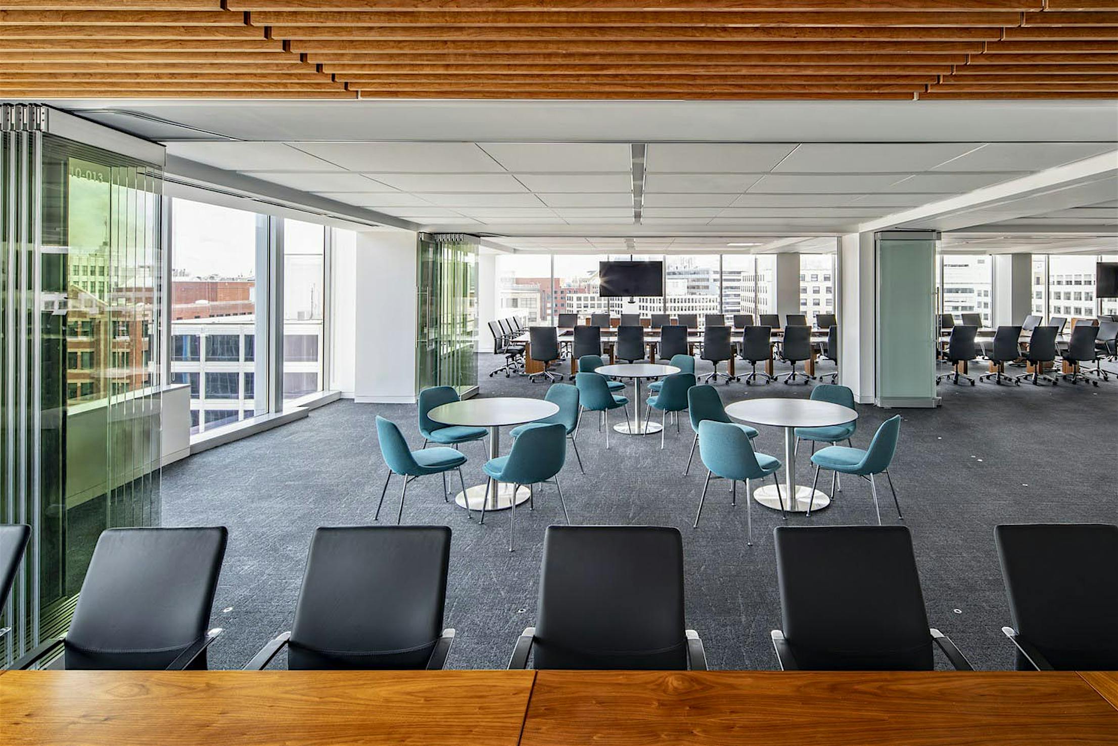 Multiple conference rooms partitioned by sliding glass walls - no floor track