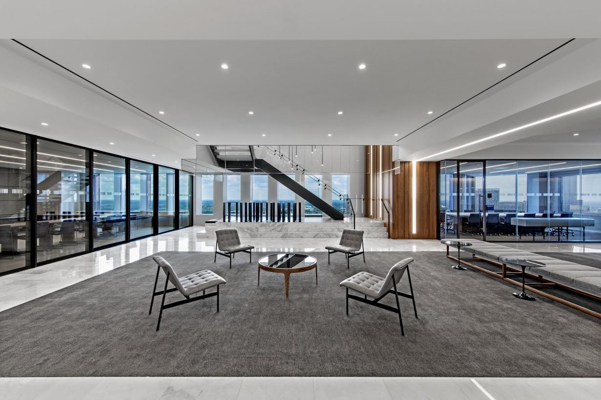 Office interior with large sliding glass walls