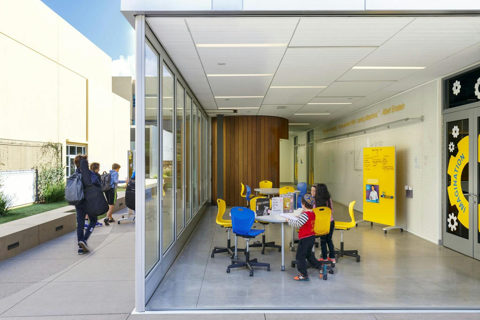 Flex space classroom with zero corner folding glass walls
