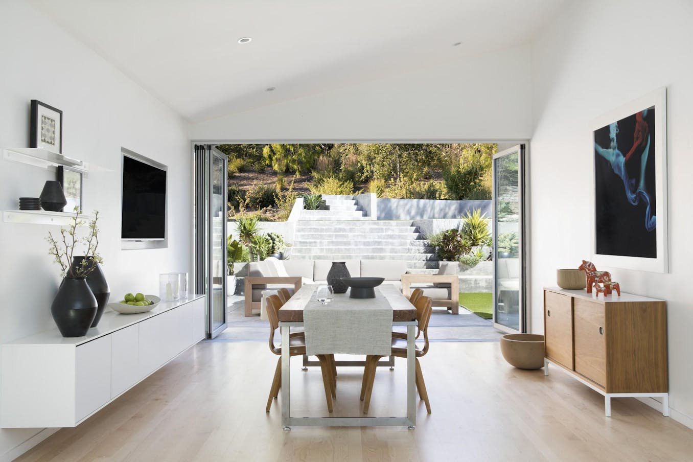 Modern living room with folding patio doors