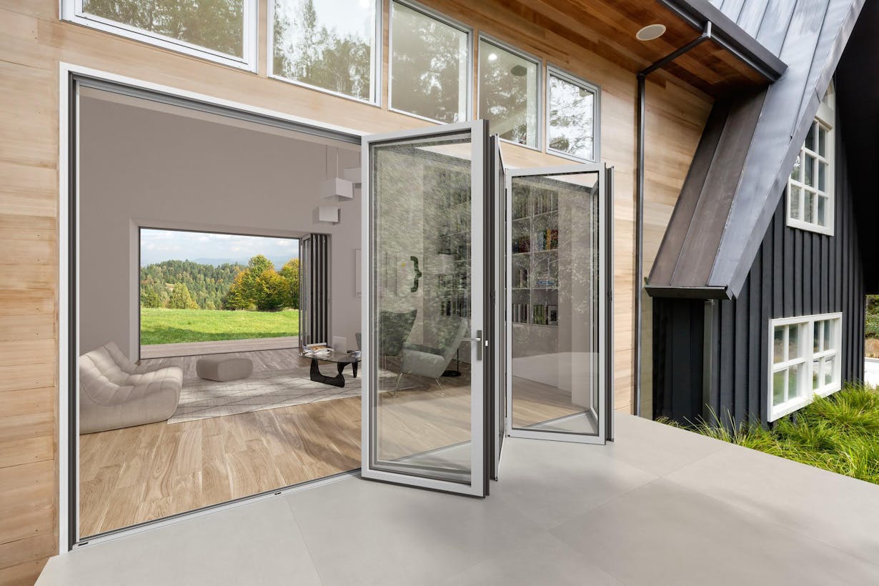 NW Aluminum 840 Residential Modern Farmhouse Folding Patio Doors - Open Exterior Day view