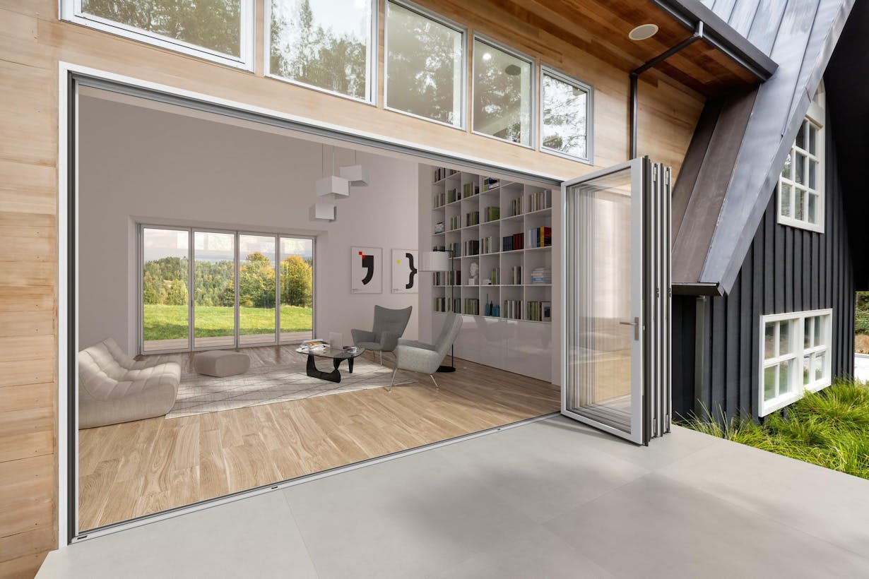 A living room with folding patio door