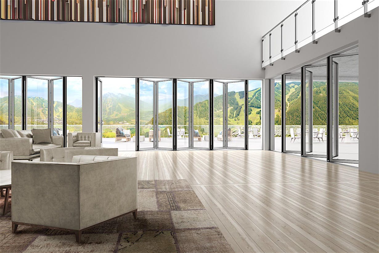 Commercial glass walls in hotel lobby for fresh air