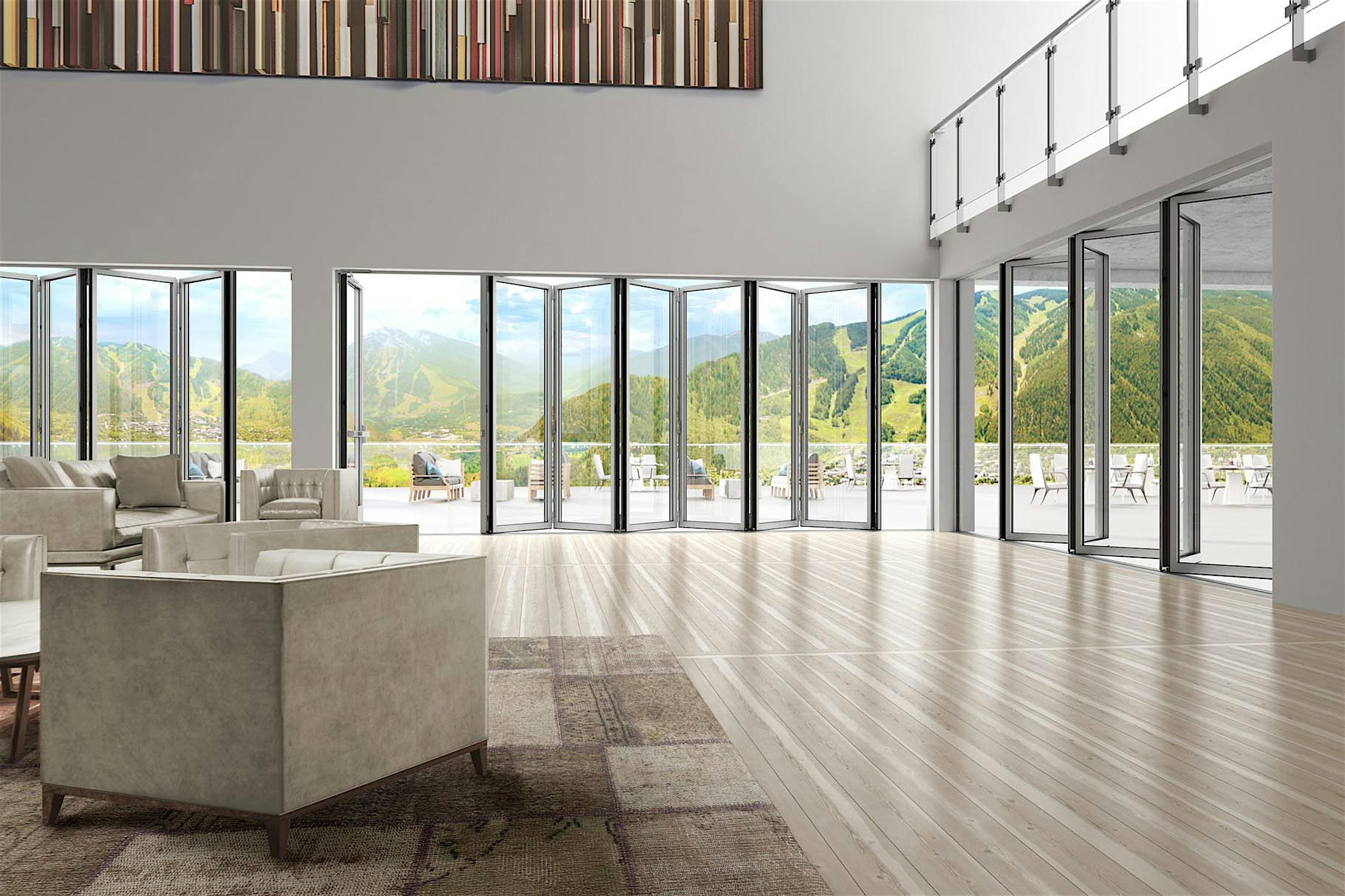 Commercial glass walls in hotel lobby for fresh air