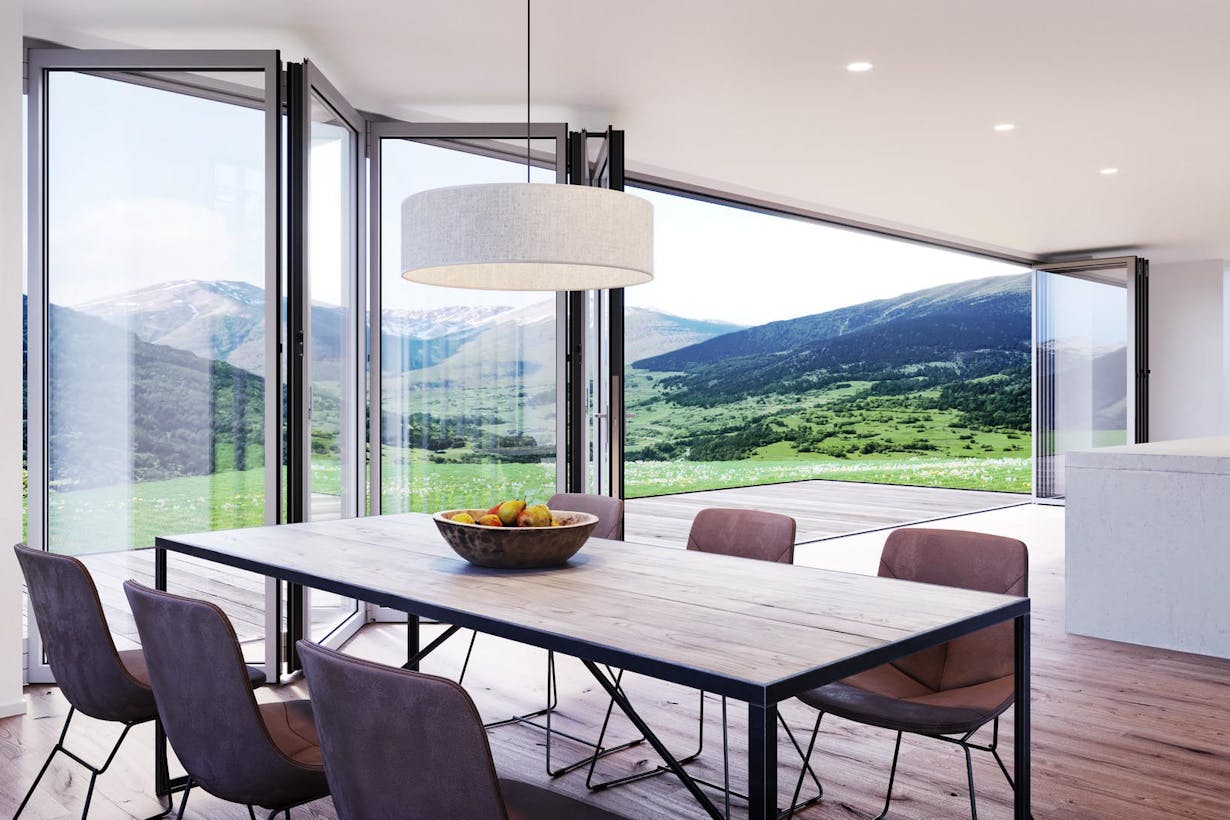 Large Deck Folding Glass Walls Overlooking the Valley