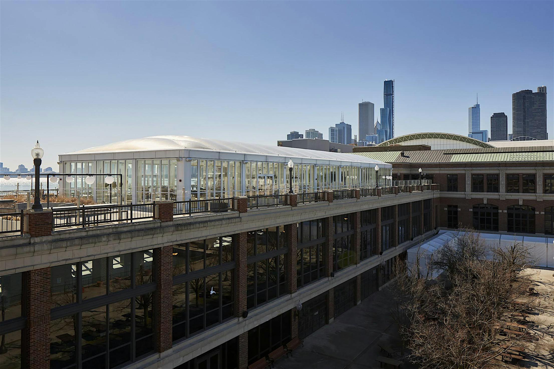 SL70 large offshore navy pier building exterior with large opening glass walls