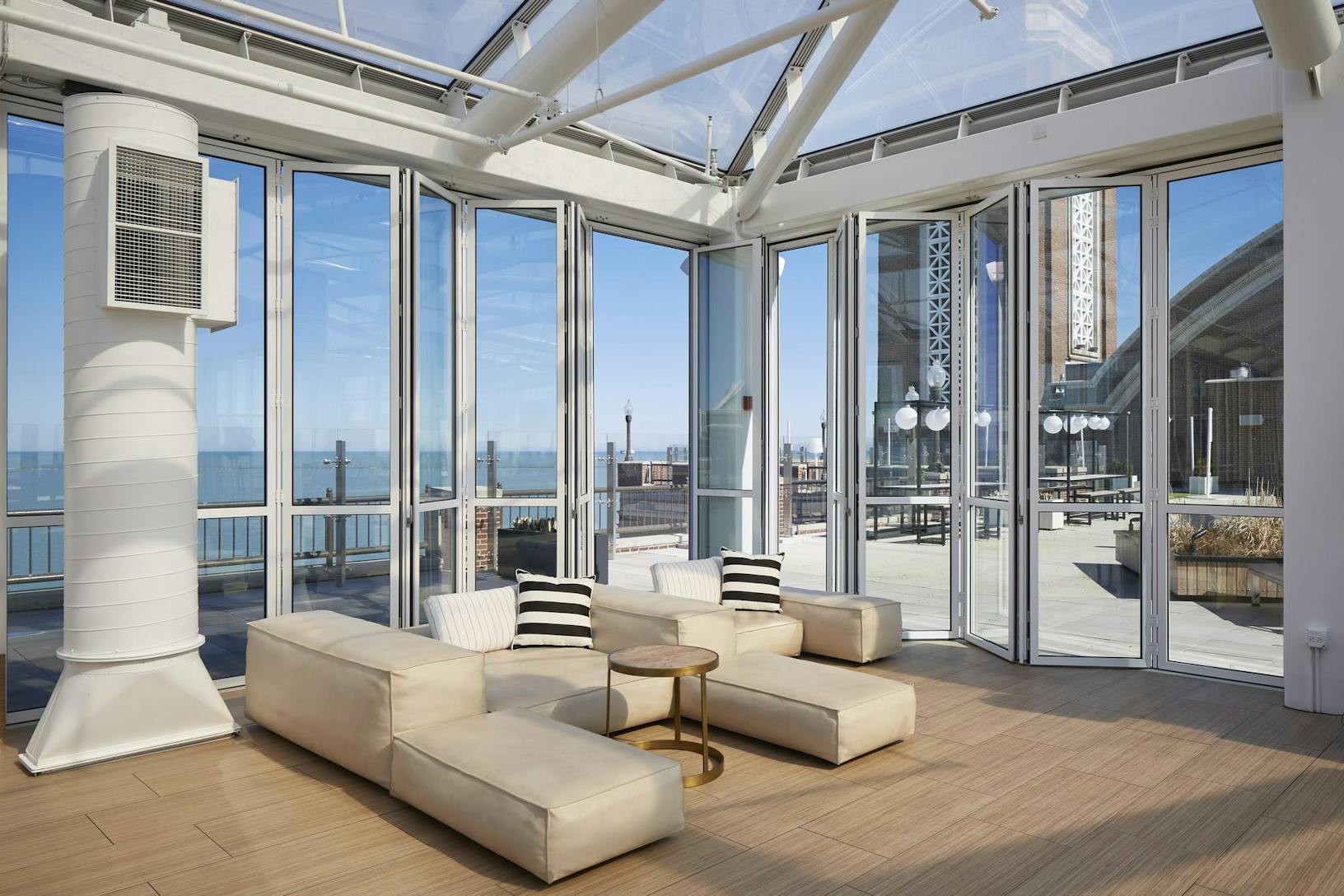 SL70 large offshore navy pier building exterior with large opening glass walls