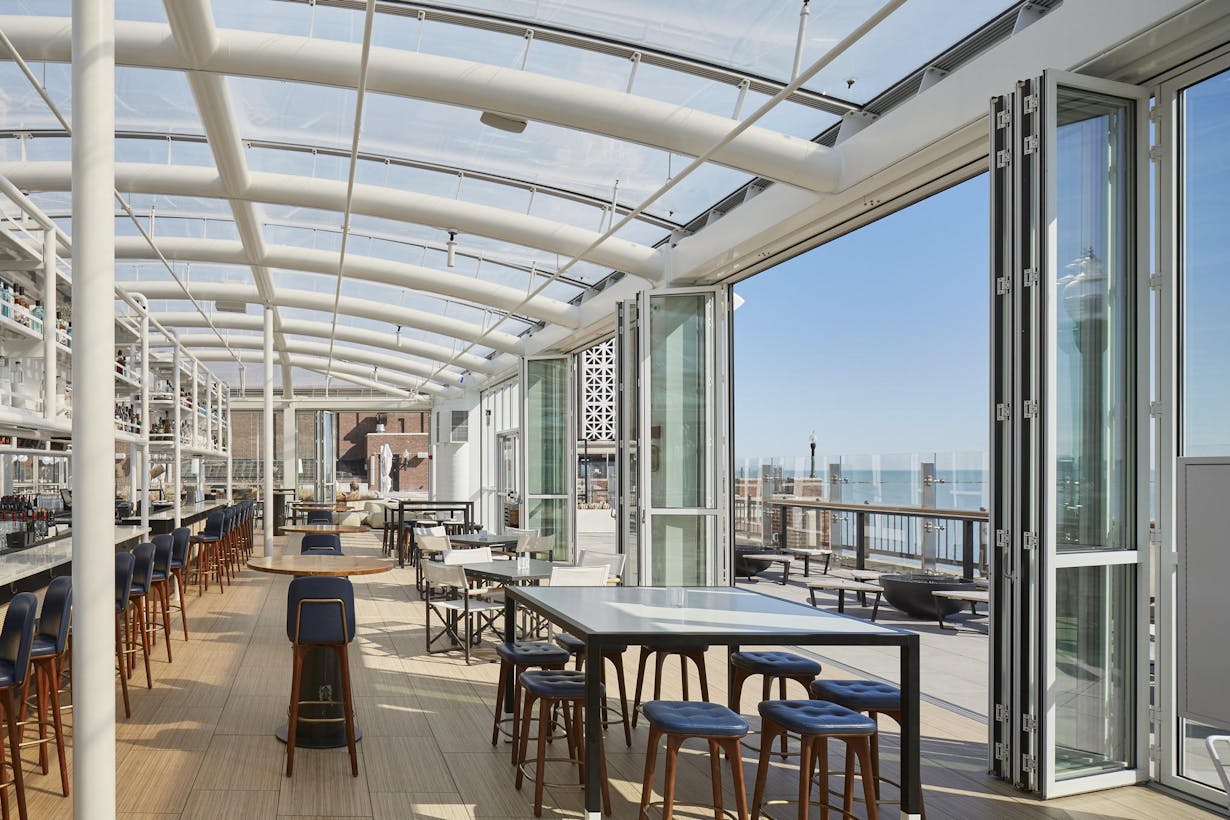 Large Commercial Glass Walls in Offshore Rooftop Restaurant - Folding