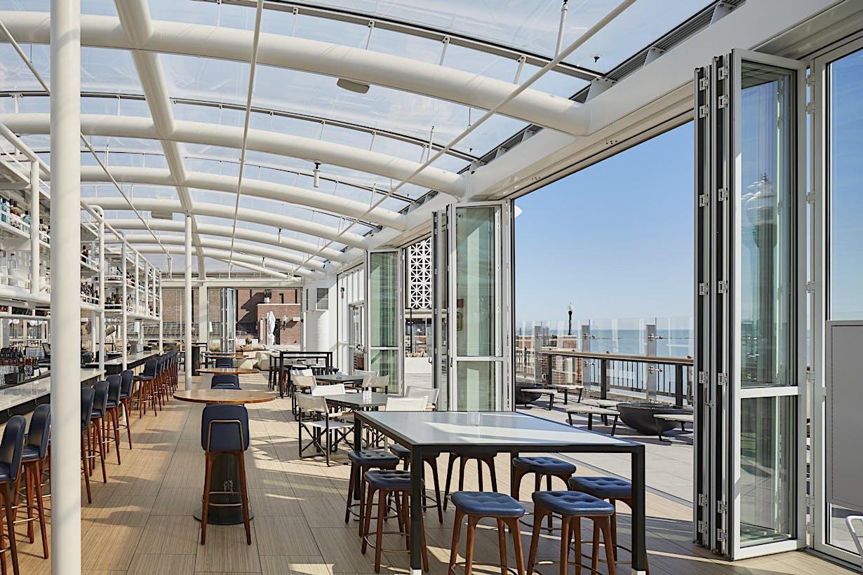 Large Commercial Glass Walls in Offshore Rooftop Restaurant - Folding