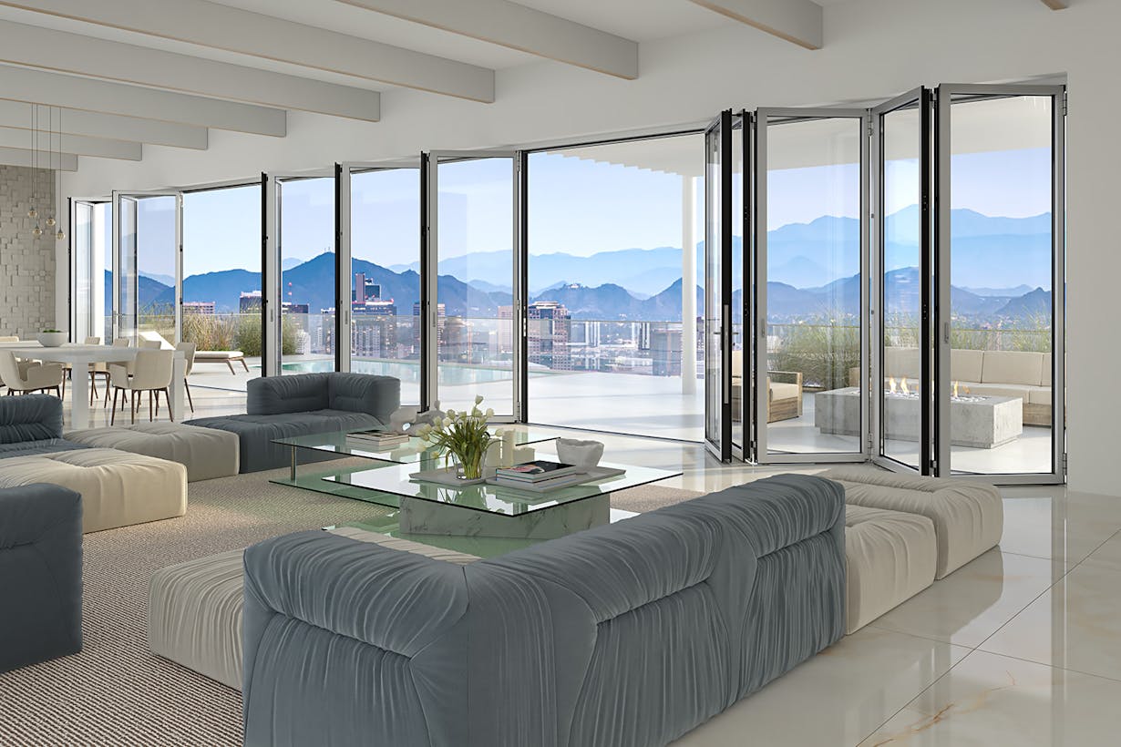 High-rise building - living room with a view of the mountains