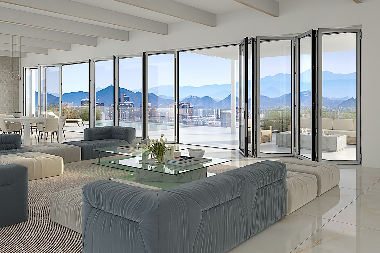 High-rise building - living room with a view of the mountains
