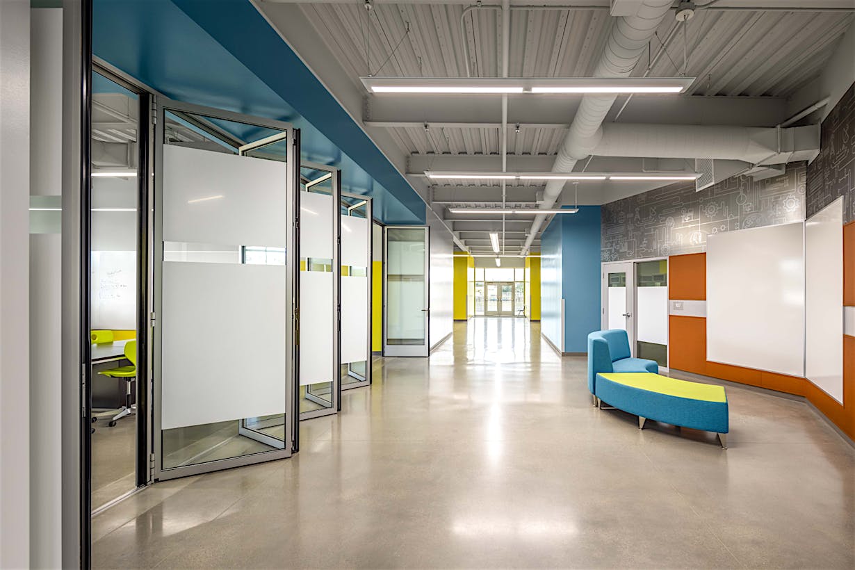 NanaWall NW Acoustical 645 Folding at Del Dios School in California - Interior Hallway ViewDay View