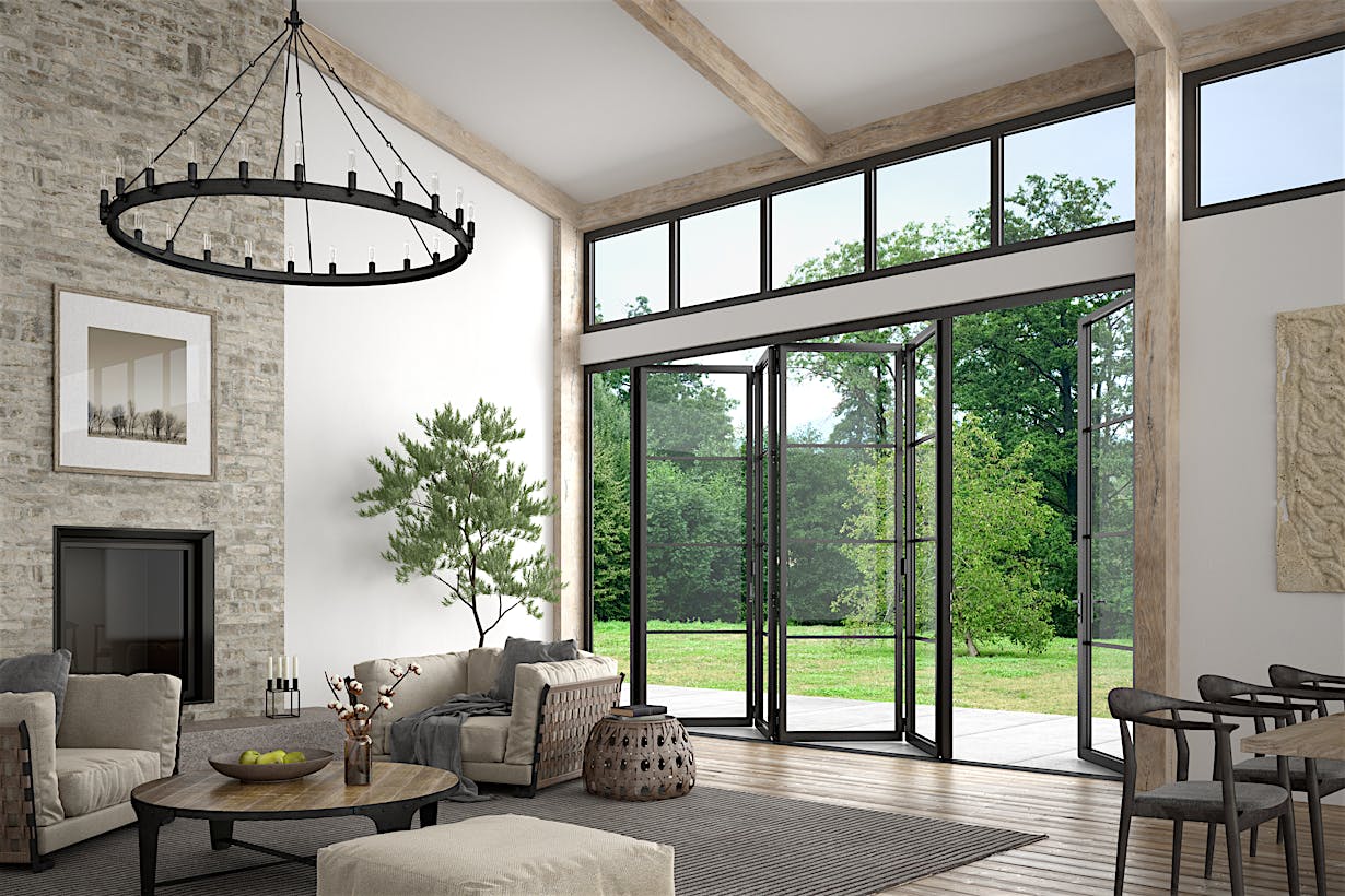 Well decorated living room with large glass walls - NW Aluminum 640 Folding