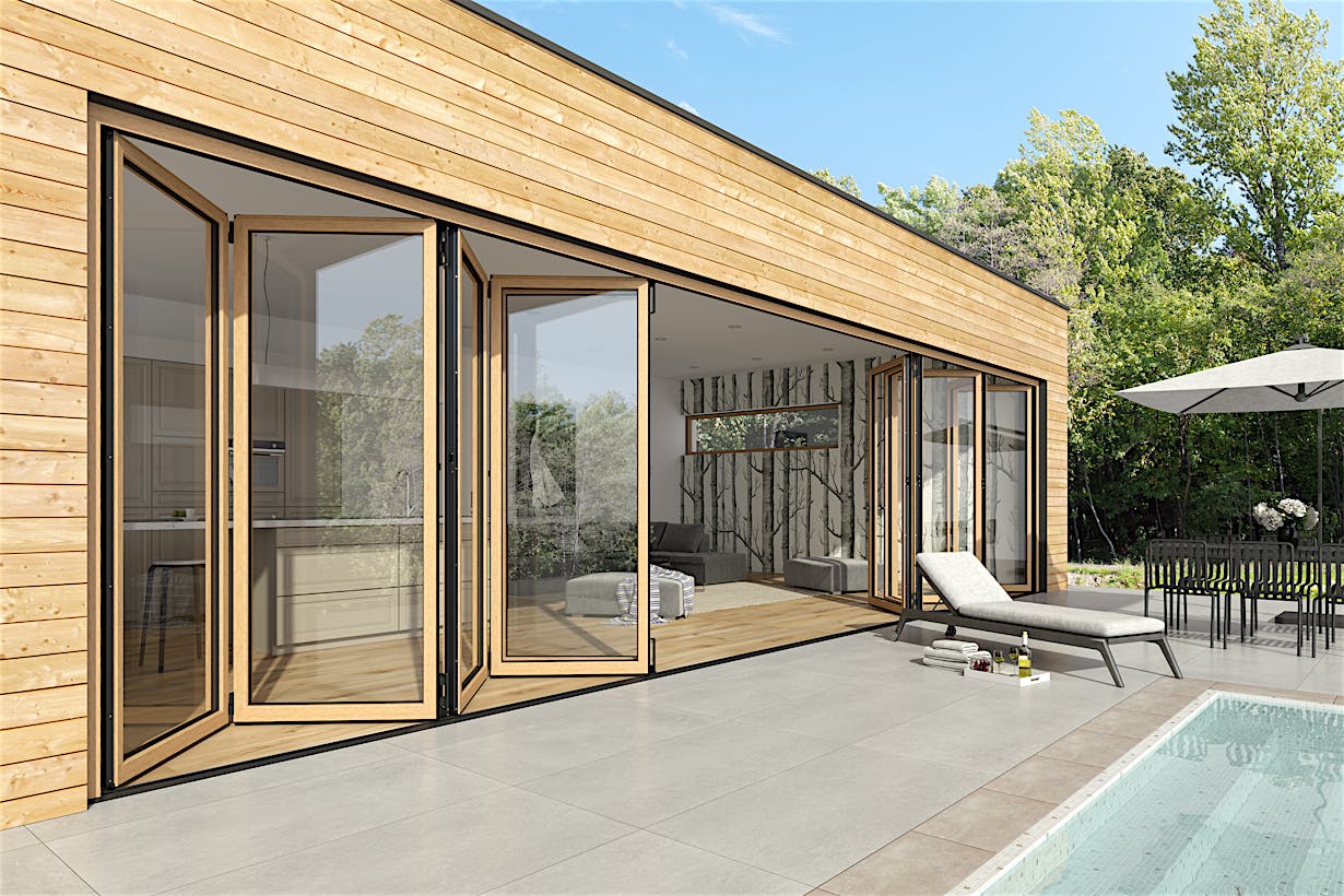 Mountain view pool house with wood framed folding glass walls - NW Wood 540