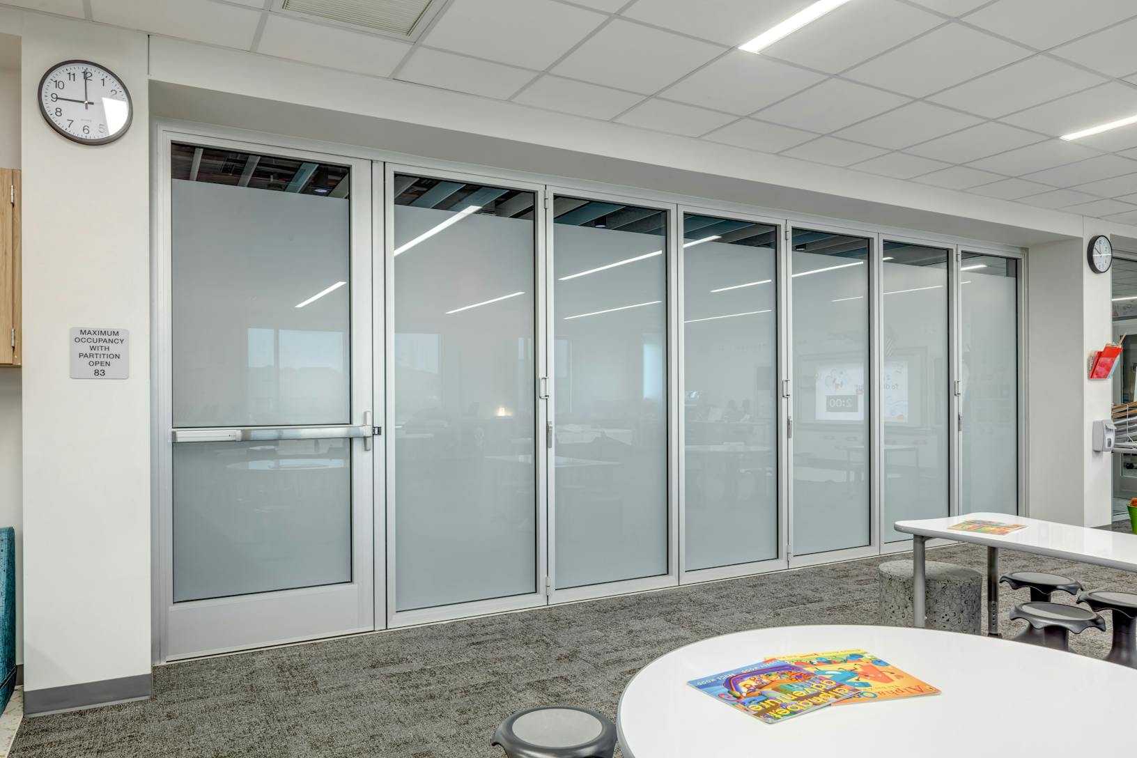 Classroom acoustical movable glass walls at Minett Elementary- Closed exterior