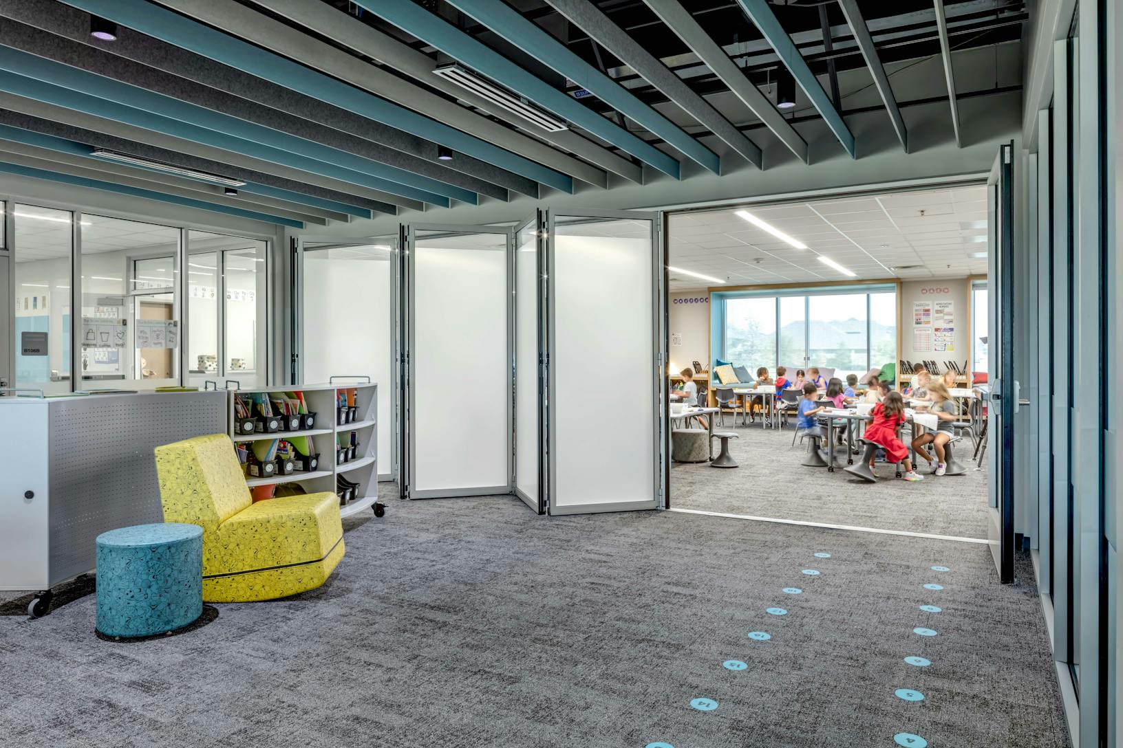 Classroom acoustical movable glass walls at Minett Elementary- Folding Interior