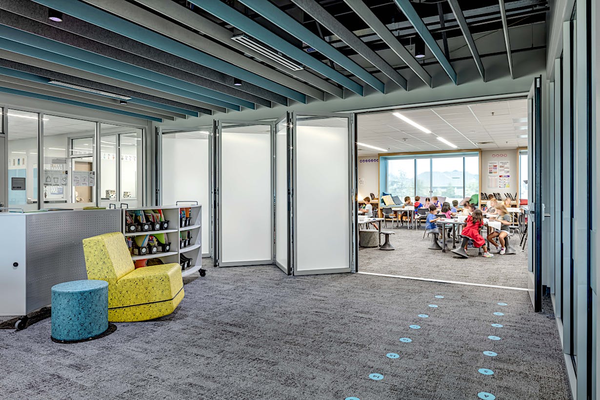 Classroom acoustical movable glass walls at Minett Elementary- Folding Interior