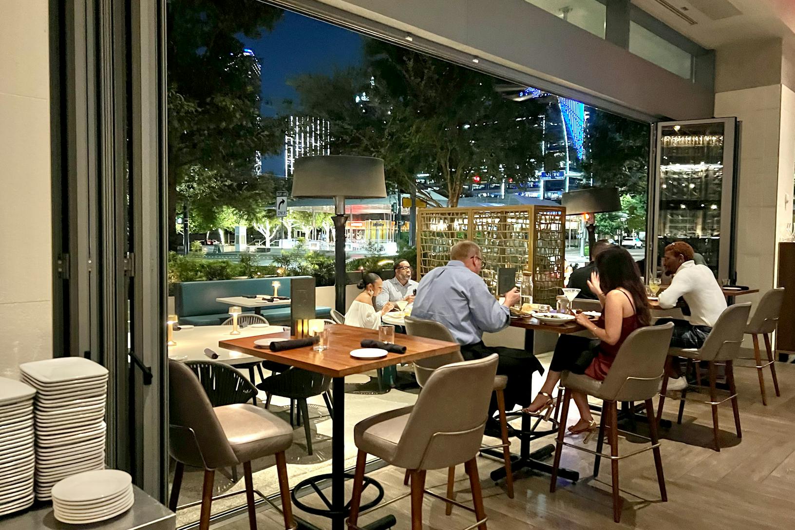 Restaurant dining area with folding patio doors 