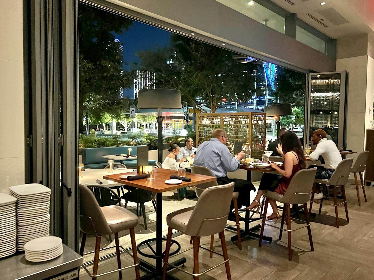 Restaurant dining area with folding patio doors 