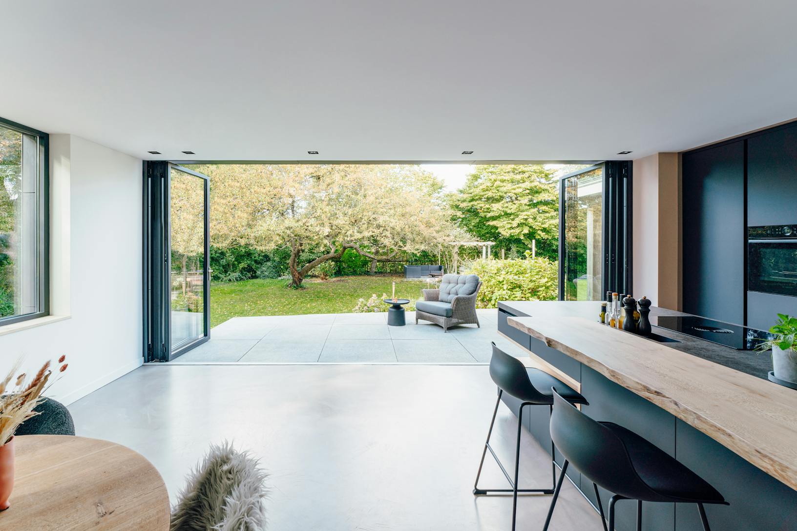 A modern kitchen with a view of the garden - Interior glass doors
