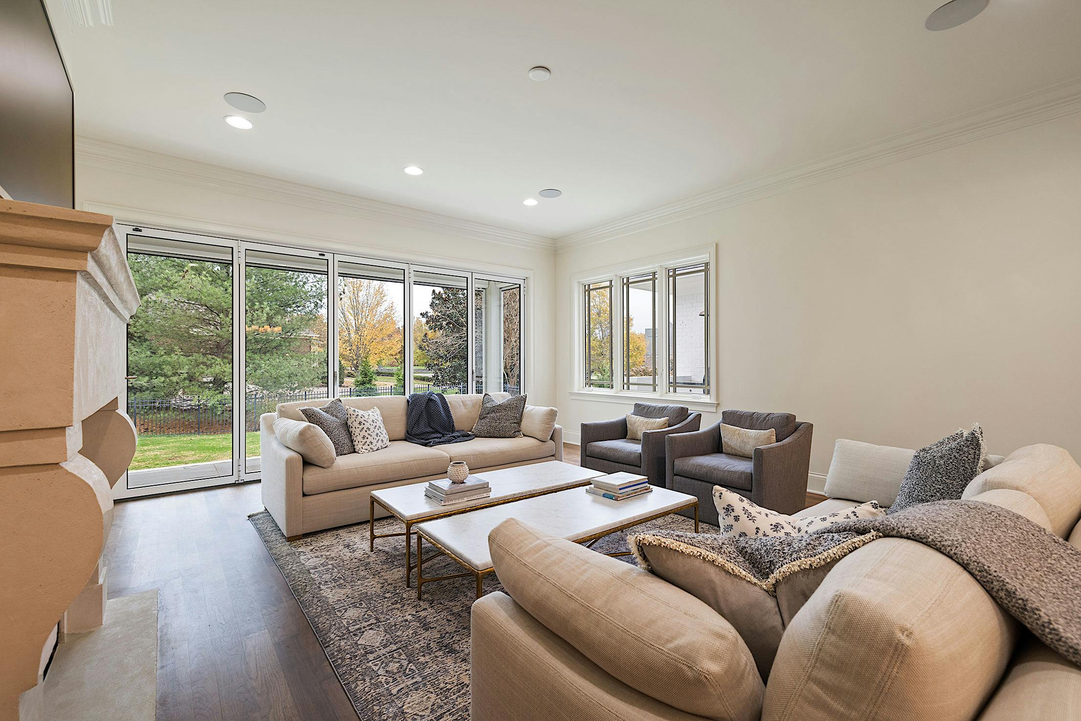 Modern living room with glass wall panels