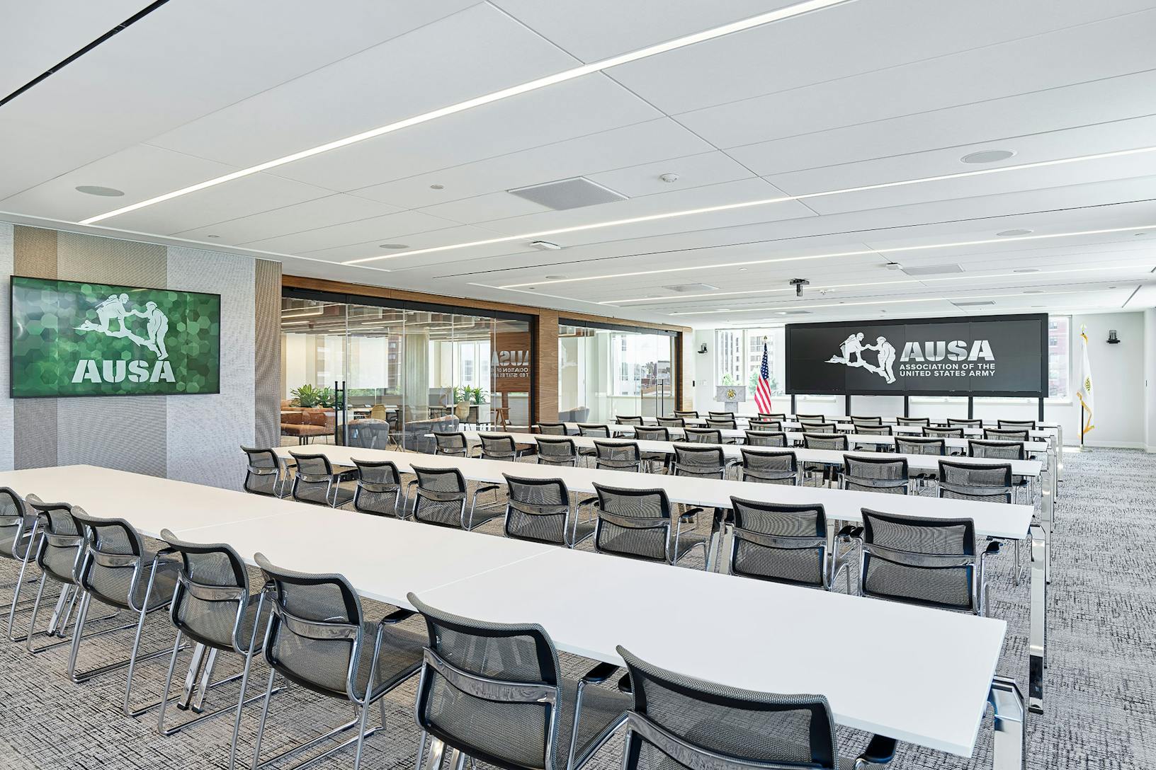Modern conference room with large opening glass walls 