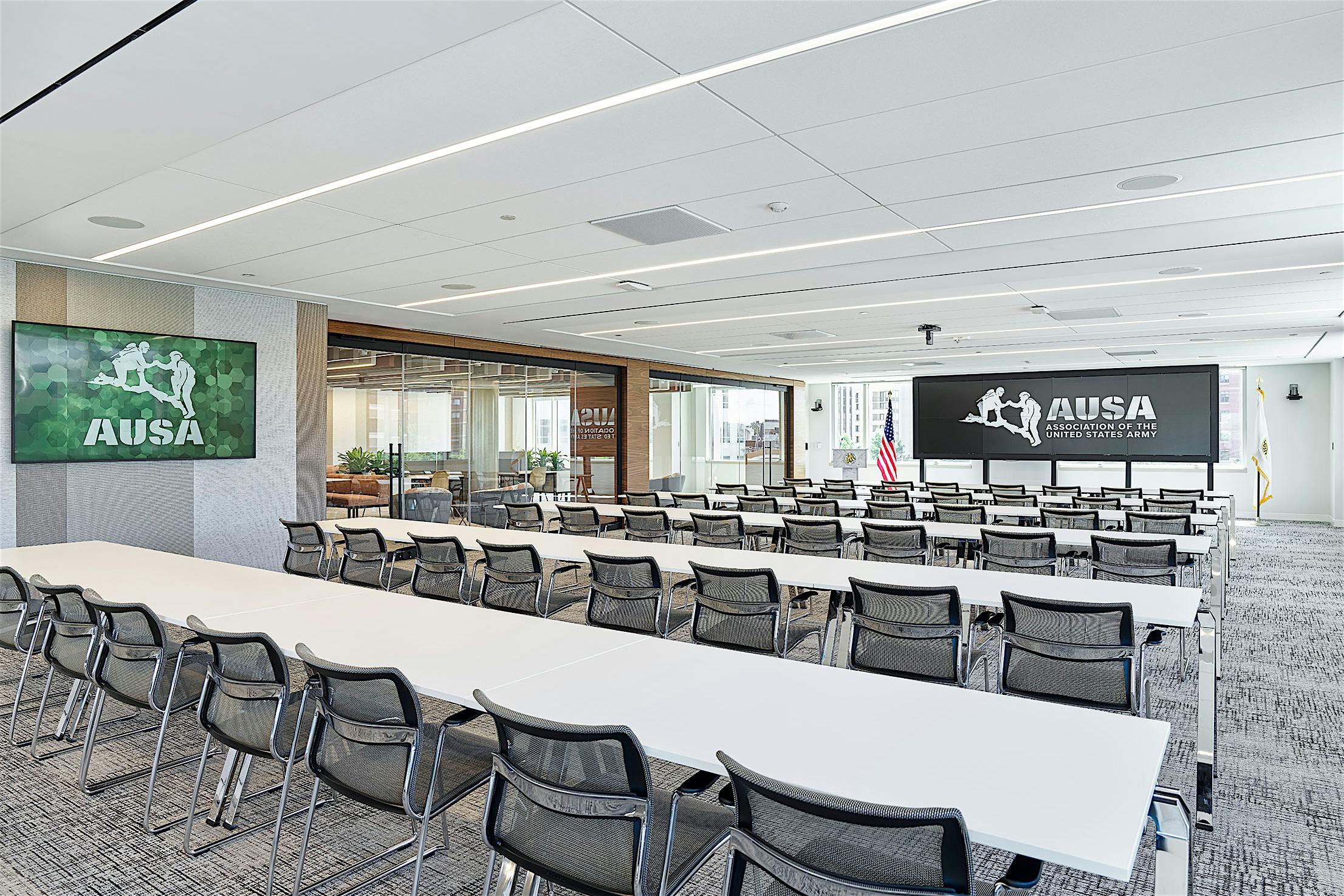 Modern conference room with large opening glass walls