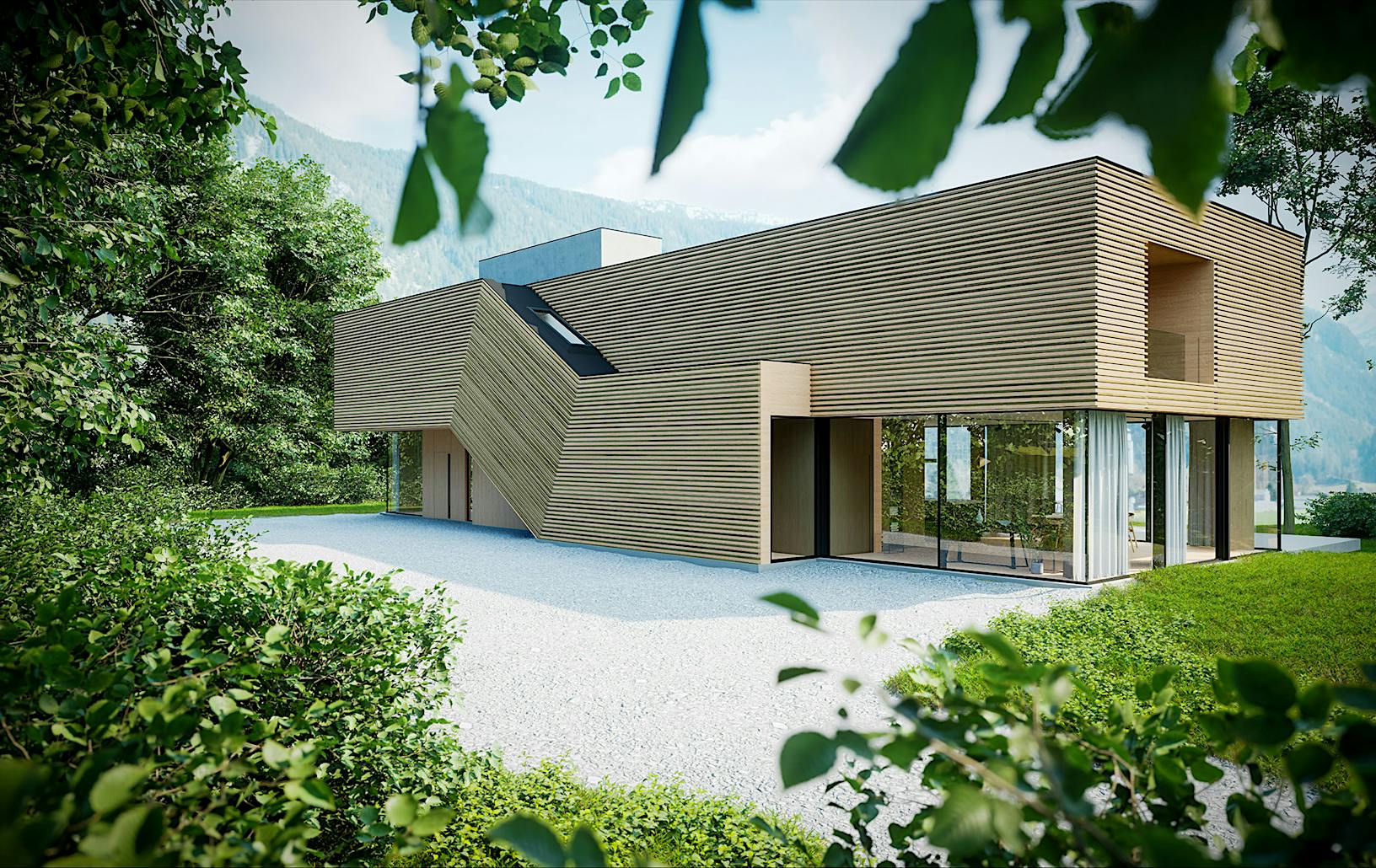A modern house in the woods with sliding patio walls