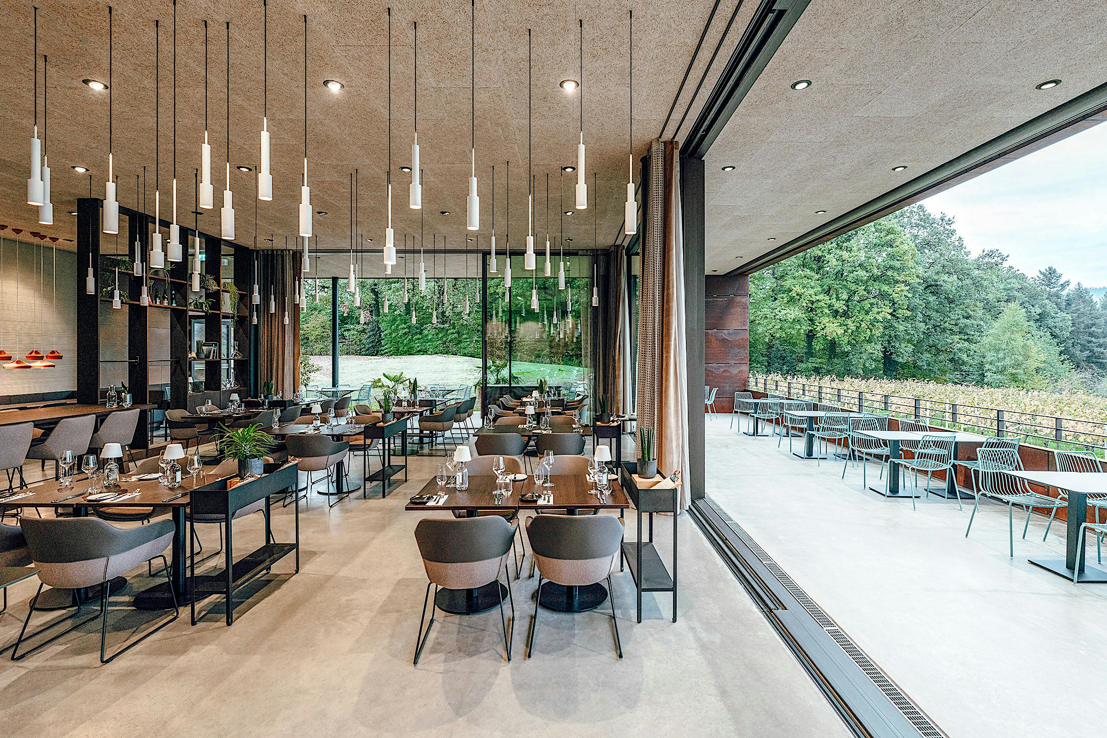 Commercial space with large opening glass walls overlooking a vineyard