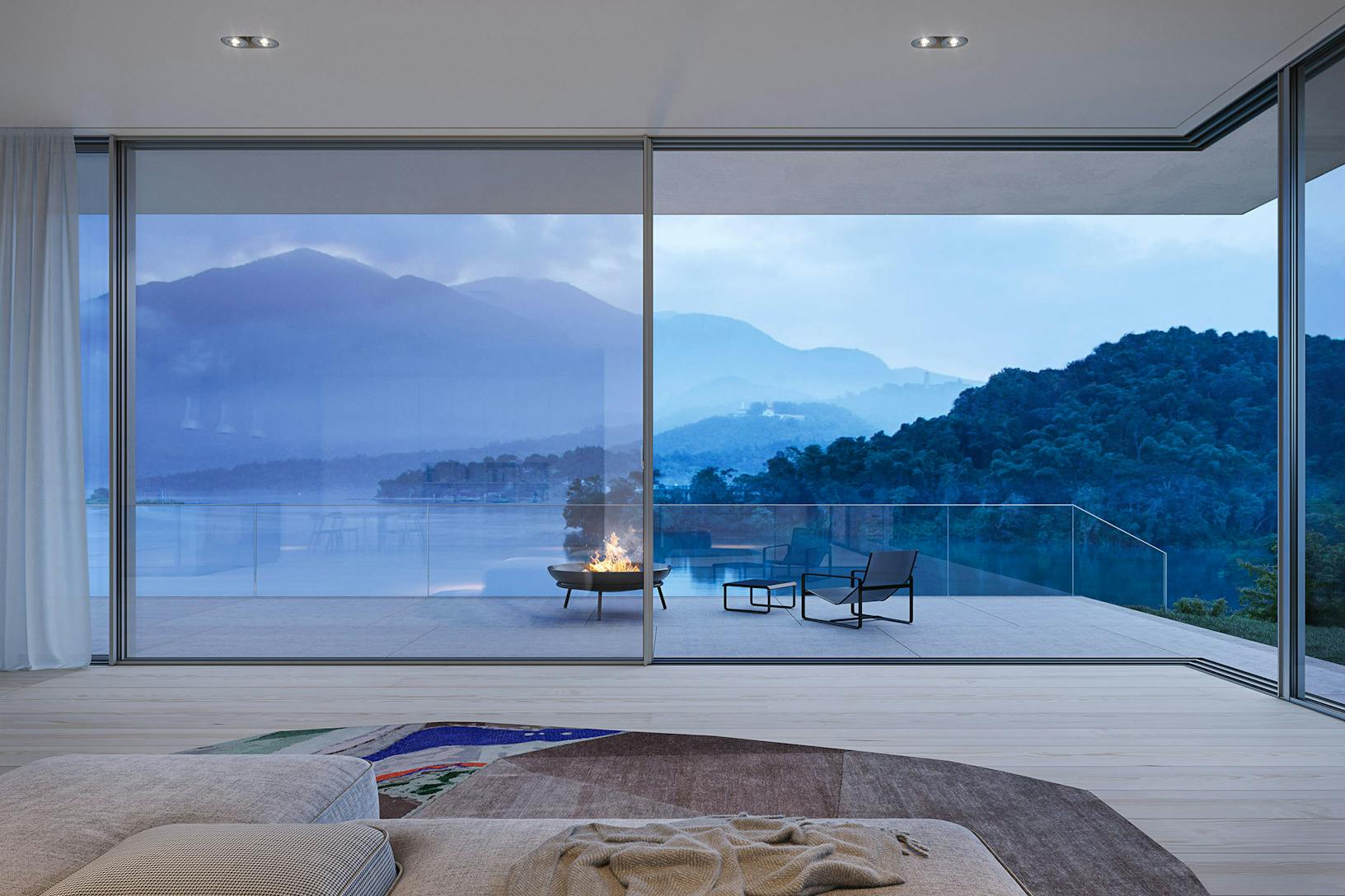 A bedroom with minimal sliding glass walls and an open corner that provides a breathtaking view of the mountains