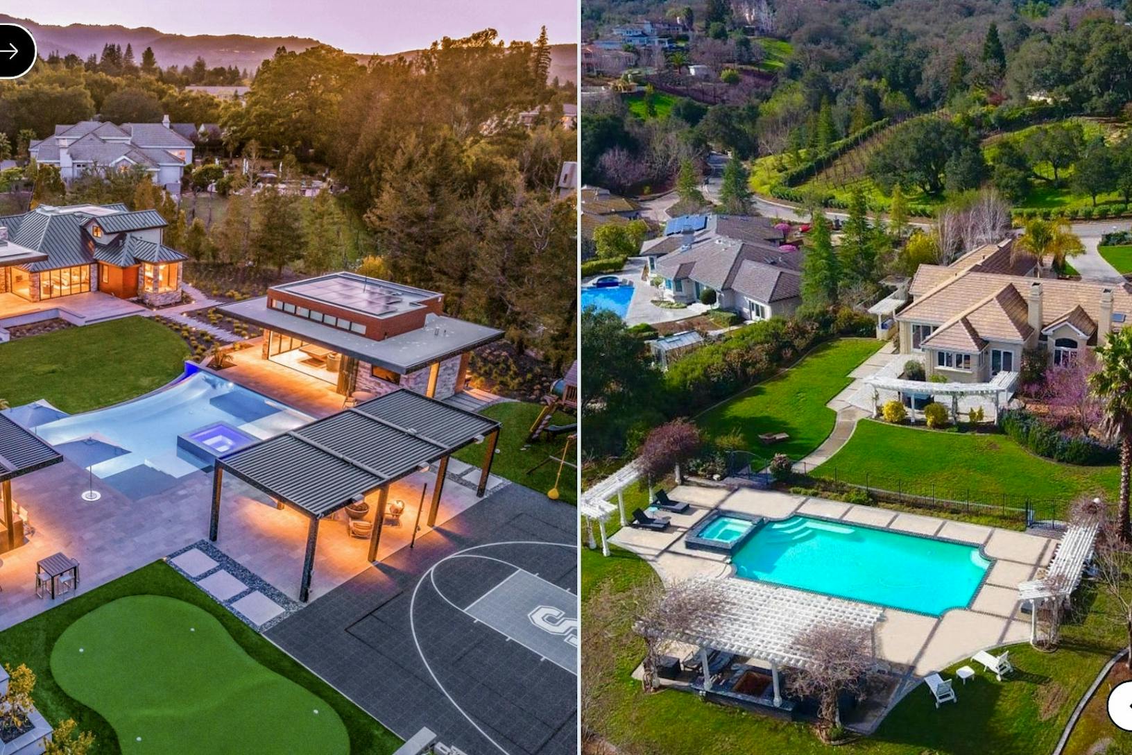 An aerial view of a home with bifold glass doors, a pool, and a golf course