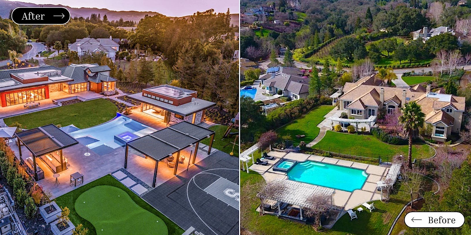 An aerial view of a home with bifold glass doors, a pool, and a golf course