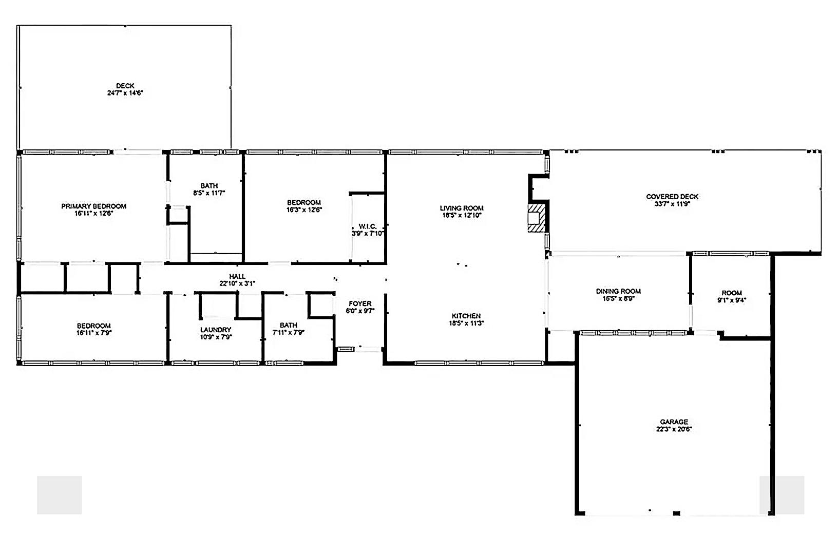 A floor plan illustrating a primary bedroom with an ensuite bath, two additional bedrooms, another bath, living room, kitchen, dining room, laundry, foyer, two decks, and a garage.
