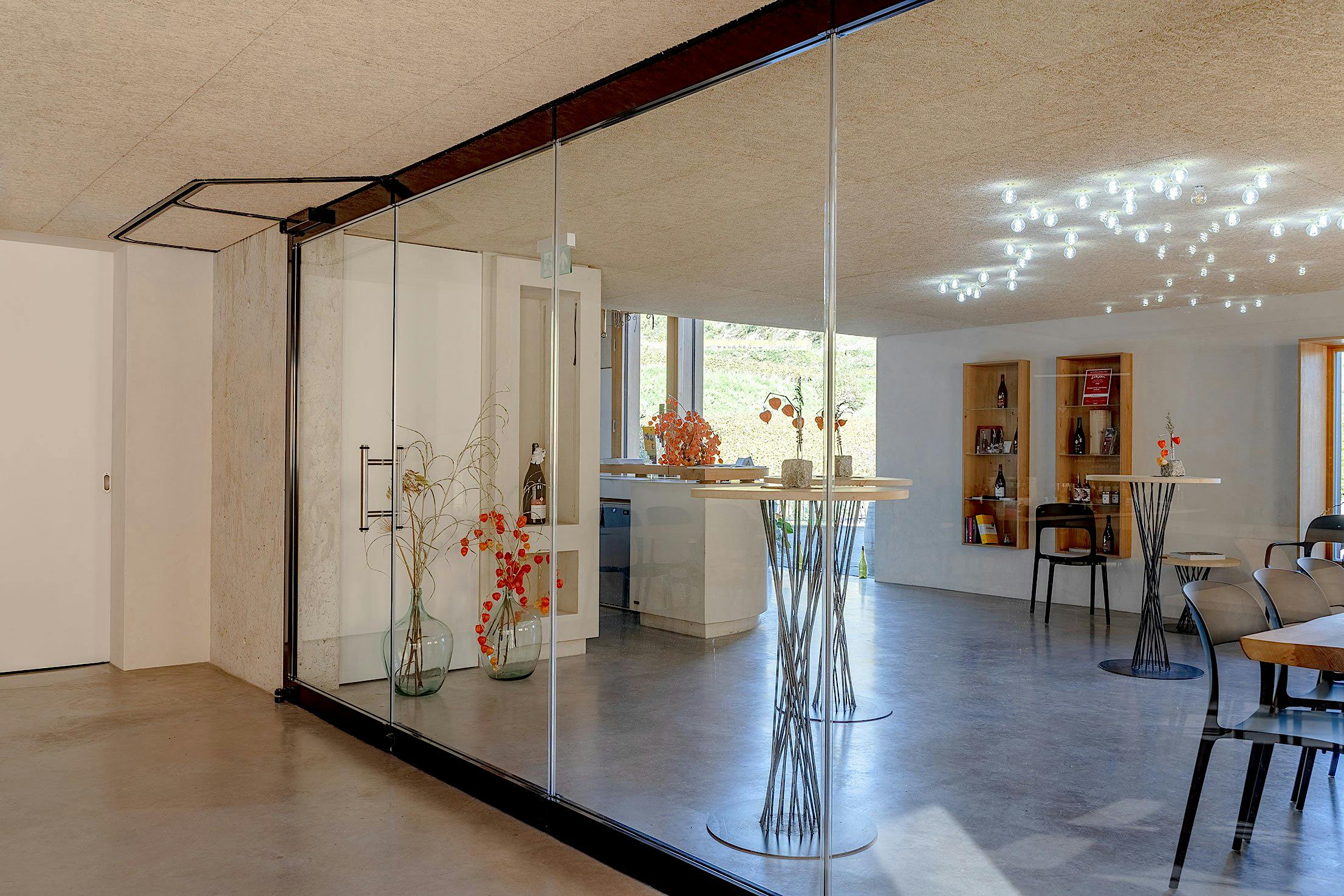 Modern wine tasting room with glass walls