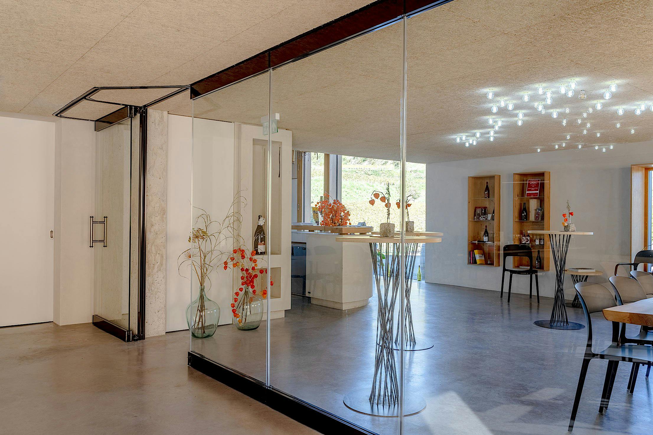 Modern wine tasting room interior with glass walls, decorative plants, and a bar area.