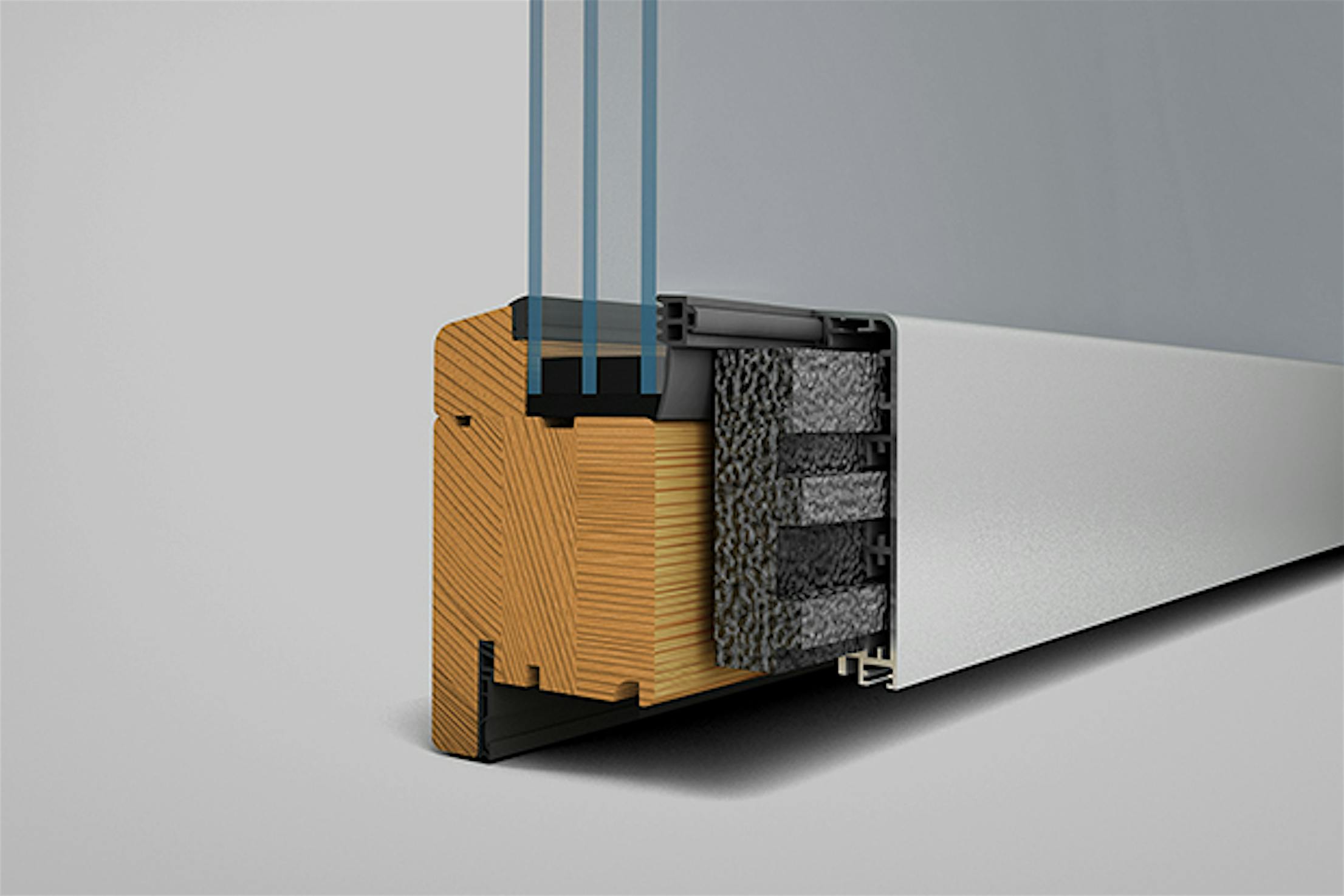 Cross-sectional view of a glass door frame showing triple-pane glass, wood interior, insulation layers, and exterior cladding—every NanaWall system is backed by our best in class warranty.