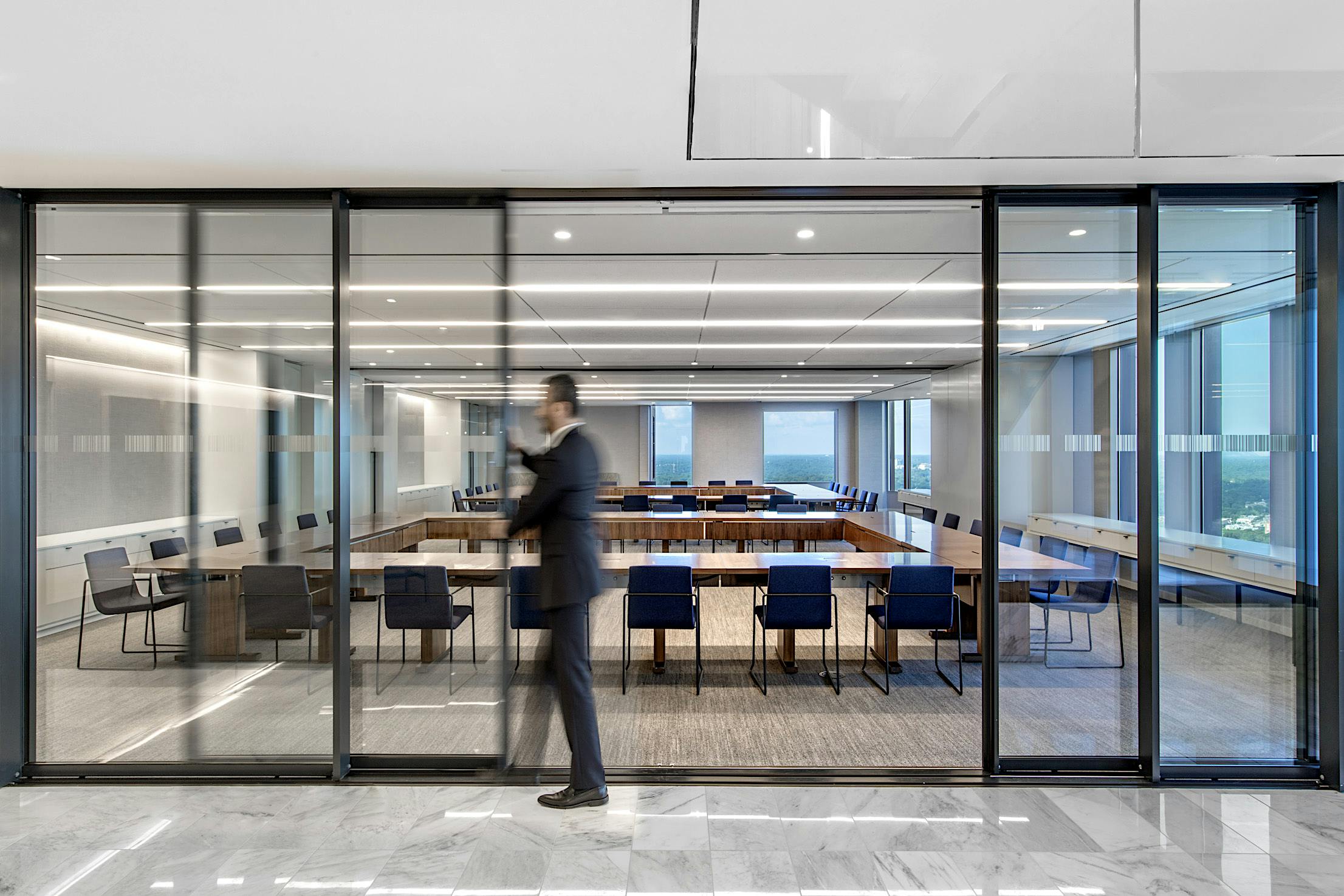 law office design with movable glass door system