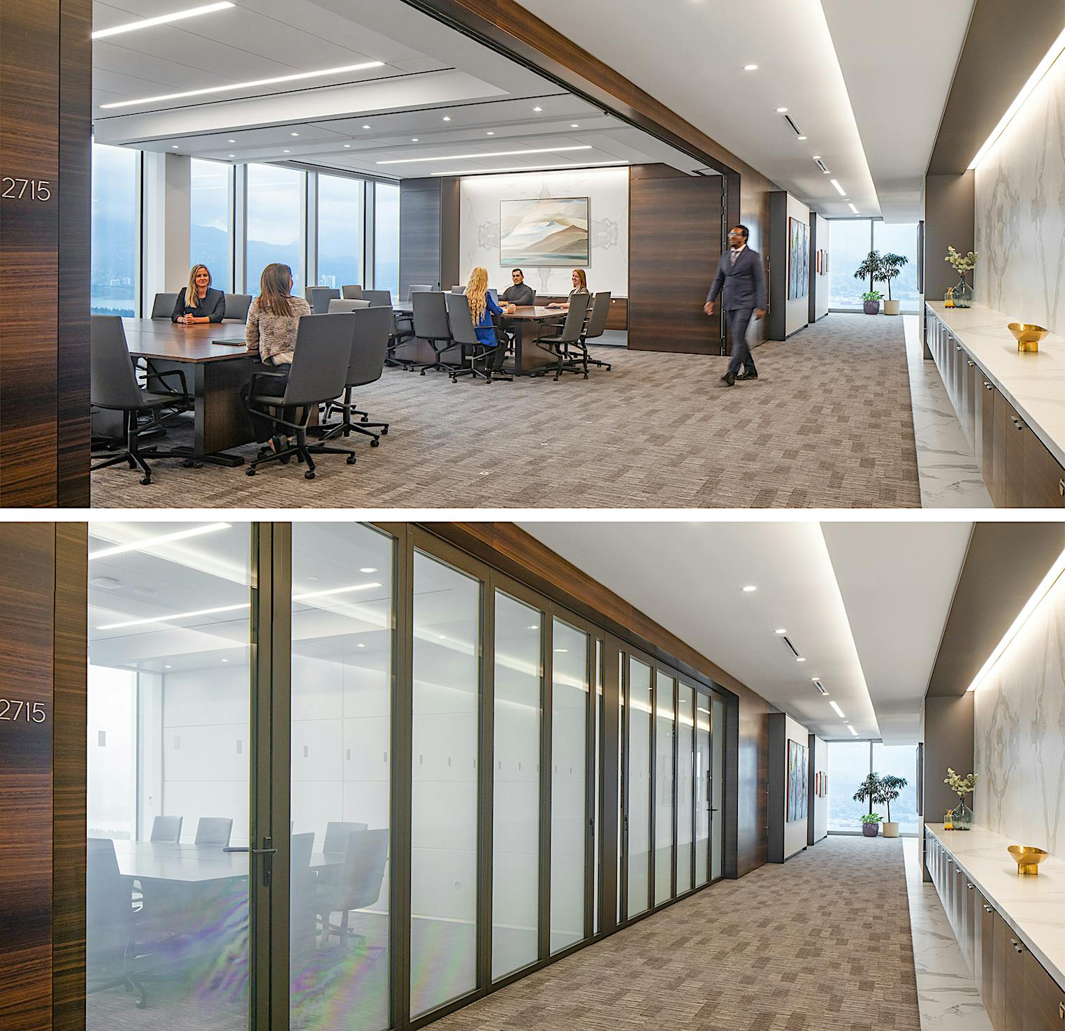 acoustically rated movable glass doors with switch glass