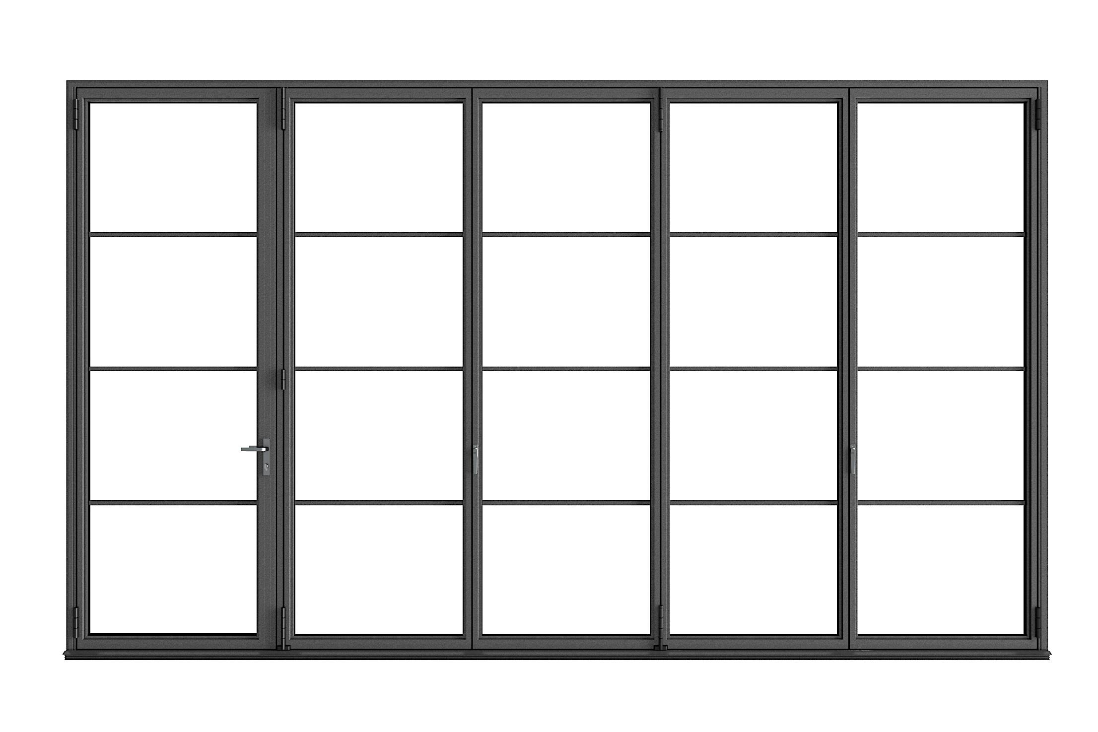 steel effect folding glass wall with unique contemporary glass stop design